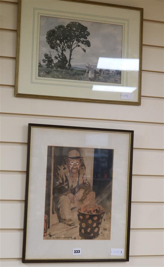 Alfred Leete, two watercolours, farming landscape scene and The Slave of Lamps, largest 32.5 x 24.5cm